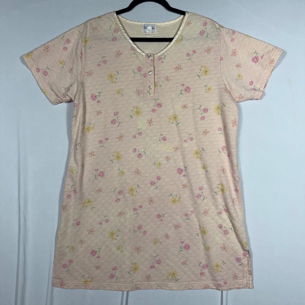 Vtg 90s Vanity Fair Floral‎ Butterfly Nightgown Yellow Pink Short Sleeve Knit Lg